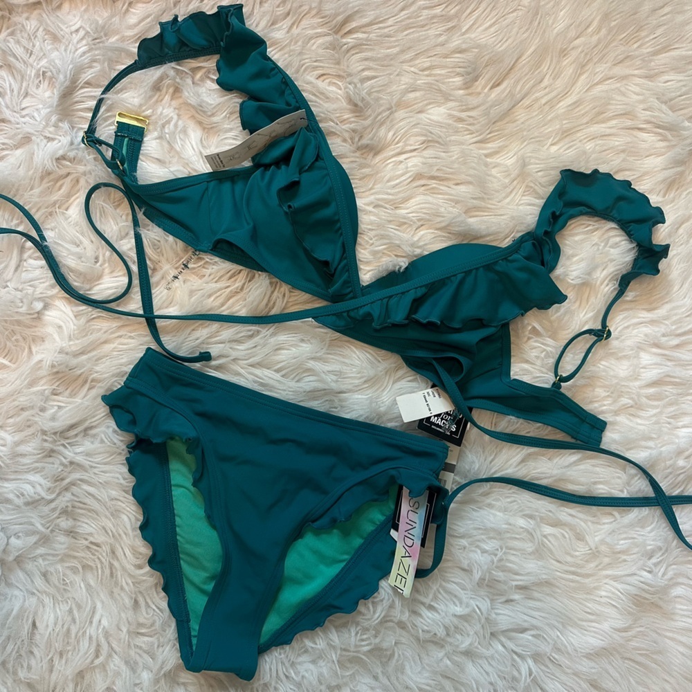 NWT Sundazed Jaded Green Bra-Sized Wrap Bikini Swim Top and Bottom Set 32C & XS - Picture 4 of 7